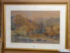 JOHN STEEPLE watercolour - river gorge and figures on a bridge in an autumnal setting