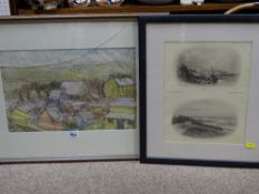 Framed preliminary working study, mixed media, titled 'S M C?' and a vintage style dual print of