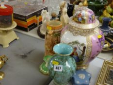 Pink and gilt decorated Dresden jar and cover (damaged) etc