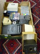 Box of vintage cameras including boxed Coronet, associated equipment and similar items