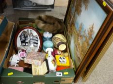 Box of mixed items, porcelain, jewellery boxes, fur hat and a parcel of paintings