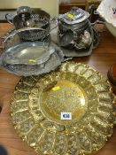 Eastern brass wall plaque, a shaped two handled tray and other EP ware