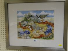 JANE BUNCE limited edition (15/150) print depicting a wader bird amongst seashells, 25 x 33 cms