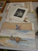 Unframed quantity of antique book prints and two watercolour studies of sailing boats