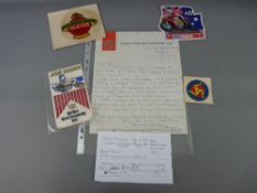 Motorcycle racing memorabilia including a letter written from the Ulster Grand Prix Supporter's Club