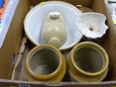 Vintage mixing bowl, stoneware hotwater bottle and storage jars etc