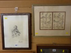 Black and white print depicting Charles Dickens and an Oriental dual print depicting people