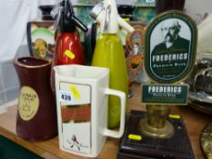 Vintage style bar pump, two advertising water jugs for Langs Supreme and Johnnie Walker Whisky and