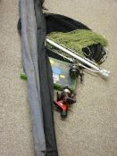 Selection of vintage and other fishing rods, later reels, keep nets and other gear