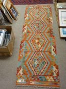 Chobi Kelim carpet runner, colourful vegetable dye wool with repeating central diamond pattern,