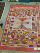 Old Moroccan Kelim rug, colourful block pattern with single border and tasselled end, 140 x 89 cms
