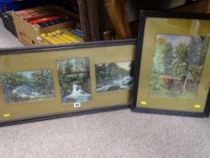 Framed triptych oil on board of bridges over rivers and one other