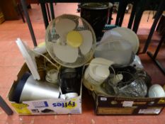 Two boxes of household kitchen items etc including desk fan E/T