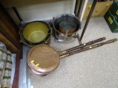 Two brass skillets, large brass skillet, iron handled brass pan, large aluminium fish pan and two