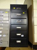 Small compact black six drawer metal filing cabinet
