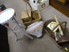 Retro glass ceiling shade, two baskets, copper wash posser, bamboo planter stand, Twinings tea box