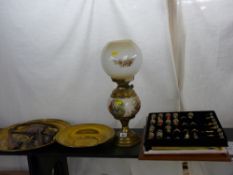 Vintage style oil lamp, boxed composite chess set of military figurines in Napoleonic war uniform