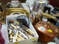 Vintage copper kettle on a brass trivet, loose quantity of EPNS and other cutlery and a coffee