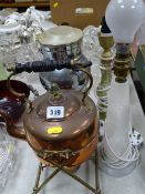 Copper kettle on stand, spirit burner based coffee percolator and two carved stoneware lamp bases