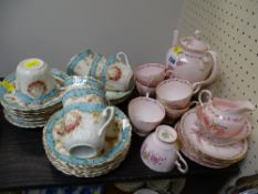 Parcel of blue banded floral teaware and a parcel of pink ground Tuscan 'April Beauty' teaware