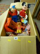 Box of vintage dolls, soft toys etc including Mickey Mouse, Noddy, Rupert etc
