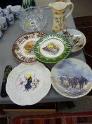 Cut glass fruit bowl and a Crown Devon water jug and a quantity of decorative wall plates