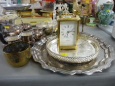 Walker & Hall three piece EPNS teaset, modern carriage clock with other EP and brassware