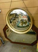 Polished wooden framed octagonal bevelled wall mirror and a framed convex wall mirror