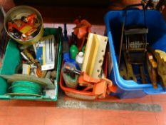 Three tubs of various garage items including saws etc