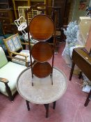Three shelf cakestand and a Benares brass topped occasional table