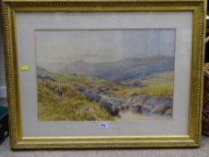 T J SOPER confident watercolour study of a meandering river in a countryside setting with people and