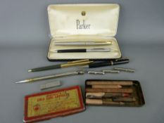 Vintage Parker pen box and contents including a Parker 45 and other pens and pencils by Watermans,