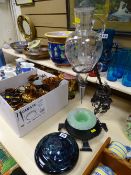 Metallic and glass wine dispenser and two art glass pieces