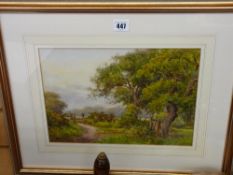W G HUGHES watercolour - rural scene with wooded track and stile, titled 'Bromborough, Cheshire',