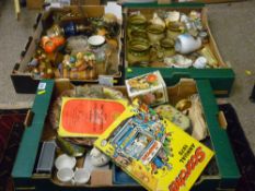 Three boxes of miscellaneous ornamental items, collectables, Scorcher annual from 1975 etc