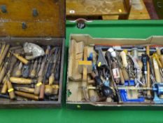 Box of garage hand tools including screwdrivers, saw, mortice gauge etc and a wooden and metal box