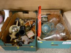 Box of ornamental pottery, metalware etc and a box of miscellaneous glassware