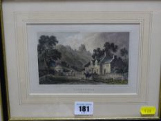 Gilt framed circular bubble mirror and an antique framed print of Caergwrle