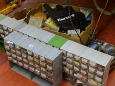 Large parcel of garage accessories including filed components, vintage car headlights etc