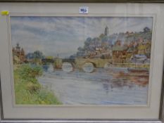GEORGE PHOENIX framed watercolour study - riverside town and arched bridge over a river, signed,