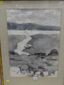 ROY OSTLE watercolour - rocky lakeside edge with yachts in the distance, 58 x 41 cms