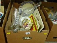 Box of cut and other glassware, a Hammersley fruit decorated twin handled mug and other decorative