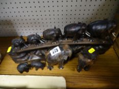 Train of five ebony elephants and a pair of elephants etc