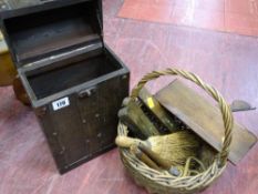 Vintage wicker basket and contents and a modern wine bottle box