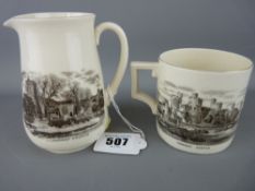 W H Goss jug and a mug having transfer decorated views of Conwy Castle and Llanrwst Church