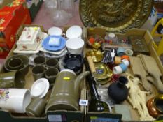 Stoneware part coffee set, quantity of mixed china, brassware, wooden butter pats and other
