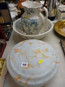 Vintage glass ceiling lightshade and a Victorian pottery washbowl and jug