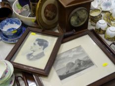 Vintage oak cased mantel clock, a two handled tray, framed pictures and prints and a vintage