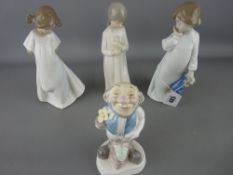 Three Nao figurines of young girls and a Welsh crest bone china figure of a gardener