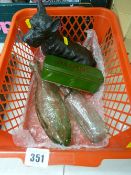 Two Ruthin vintage bottles, Singer sewing machine tin and a bronzed composite figure of a terrier